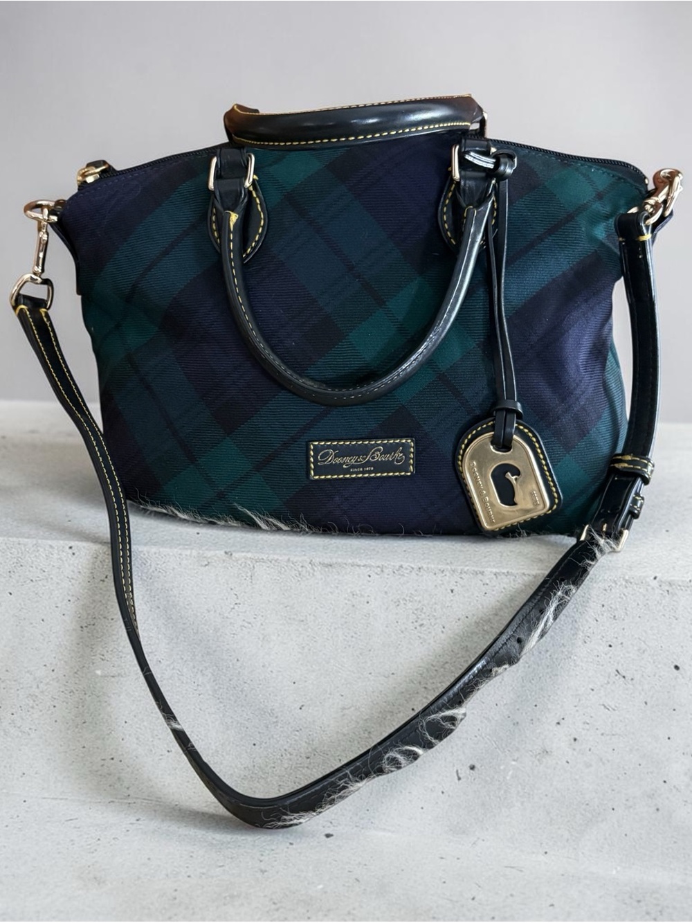 Dooney & Bourke Tartan Green and Black Plaid Satchel with Removable Strap